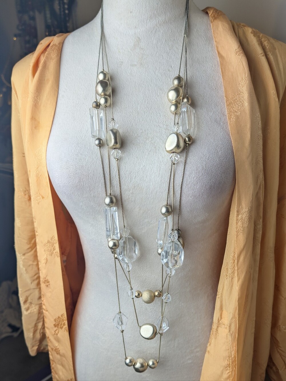 3 Strand Opera Necklace Silver Tone Clear Bead Chunky Art To Wear